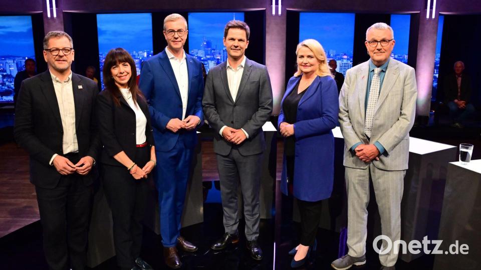 Die Spitzenkandidaten der Parteien für die Berlin-Wahl am 20. September trafen schon bei mehreren Diskussionsrunden aufeinander. Von links nach rechts: Werner Graf (Grüne), Elif Eralp (Linke), Stefan Evers (CDU), Steffen Krach (SPD), Kristin Brinker (AfD) und Michael Lüders (BSW). (Archivbild) Bild: Sebastian Gollnow/dpa