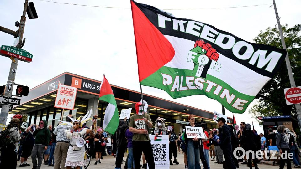 Vor dem Stadion, in dem das Konzert stattfand, hatten sich propalästinensische Demonstranten versammelt. Bild: Allie Ippolito/AP/dpa