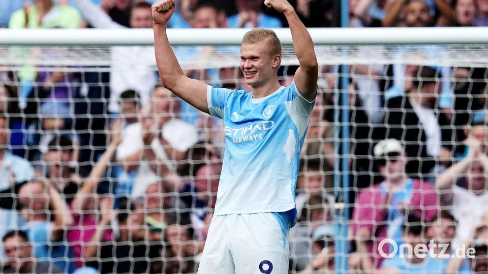 Erling Haaland hat gegen Sunderland gleich doppelten Grund zur Freude. Bild: Martin Rickett/PA Wire/dpa