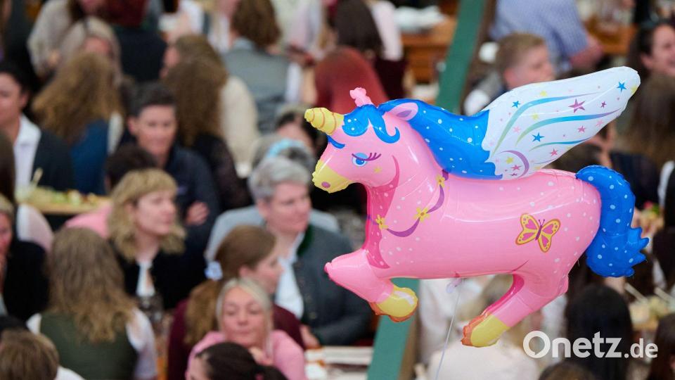 Ein rosa Einhorn schwebt über der Veranstaltung. Bild: Sven Hoppe/dpa
