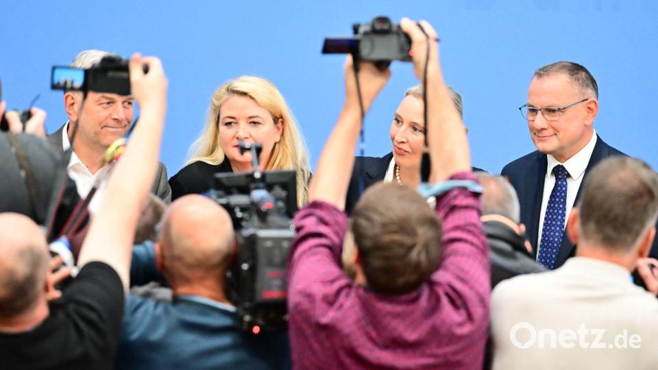 Medienandrang in Berlin: Weidel und Chrupalla mit Holm und Brinker nach den Wahlen vor der Bundespressekonferenz Bild: Sebastian Gollnow/dpa