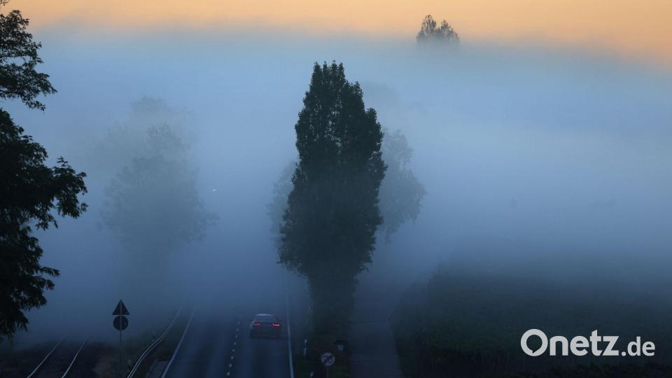 Durch den Morgennebel: Ein Auto fährt kurz vor Sonnenaufgang eine Straße entlang. Bild: Karl-Josef Hildenbrand/dpa