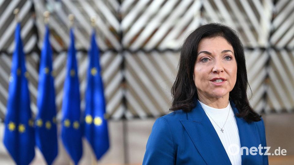Katherina Reiche wirbt für „Made with Europe“. Bild: Jennifer Brückner/dpa