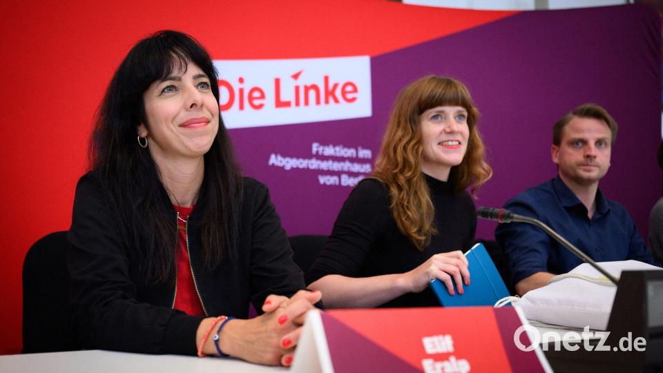 In der neuen, deutlich größeren Linke-Fraktion im Berliner Abgeordnetenhaus tragen die Co-Fraktionsvorsitzenden Elif Eralp (li.) und den beiden Parteivorsitzenden Kerstin Wolter (M) und Maximilian Schirmer (r) viel Verantwortung. (Archiv) Bild: Bernd von Jutrczenka/dpa