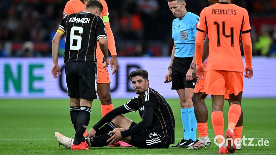 Frühes Aus: Kai Havertz (M) sitzt verletzt am Boden. Bild: Federico Gambarini/dpa