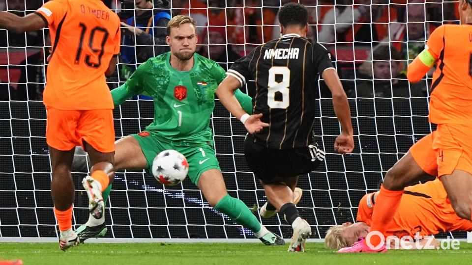 Felix Nmecha erzielt das 0:1 gegen die Niederlande beim Spiel in der Nations League. Bild: Martin Meissner/AP/dpa
