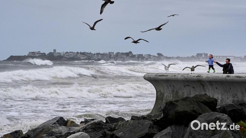 Ein Mann hält die Hand seines Sohnes, während die beiden bei einem Nordoststurm an einer Uferbefestigung in Hampton entlanggehen. Bild: Robert F. Bukaty/AP/dpa