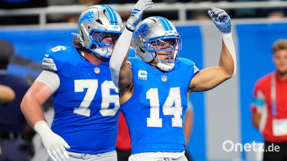 Amon-Ra St. Brown (rechts) erzielte auch in der dritten Woche der NFL-Saison einen Touchdown für die Lions. Bild: Paul Sancya/AP/dpa