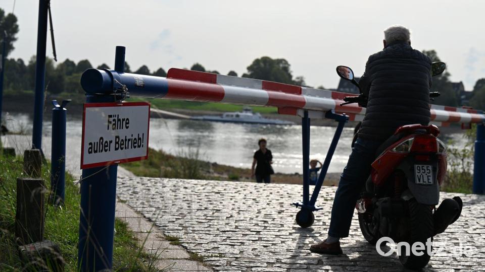 Das Warten auf die Fähre ist vergeblich: Ein Motorroller-Fahrer blickt einige Minuten auf den Rhein, dann kehrt er um und fährt davon. (Archivbild) Bild: Wolf von Dewitz/dpa