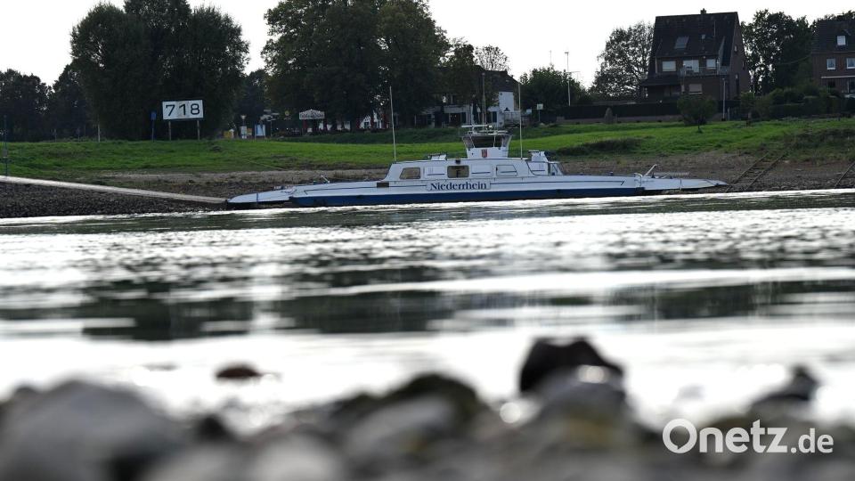 Blick von Düsseldorf auf die Zonser Fähre, die dort schon lange ankert. Bis sie wieder fährt, dauert es noch. (Archivbild) Bild: Wolf von Dewitz/dpa