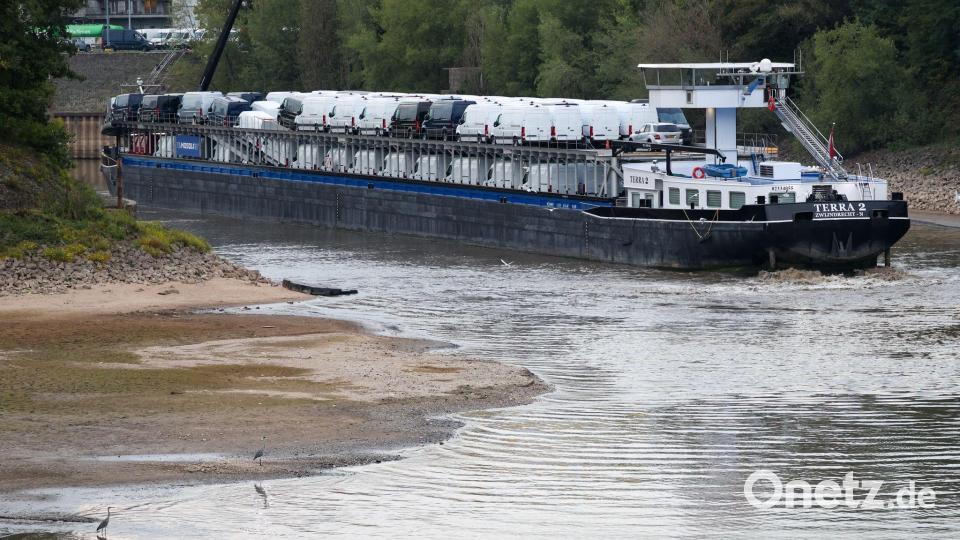 Am Montagabend hat sich wegen des extrem niedrigen Pegelstands ein Frachtschiff im Düsseldorfer Hafen festgefahren. Bild: Christoph Reichwein/dpa