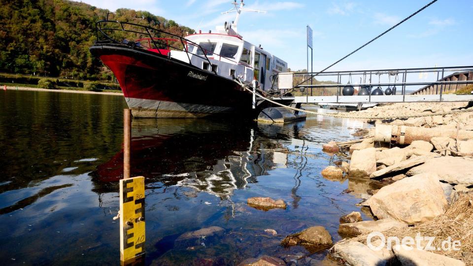 Die Pegellatte in Kaub in Rheinland-Pfalz zeigt nur noch wenige Zentimeter an. Bild: Thomas Frey/dpa