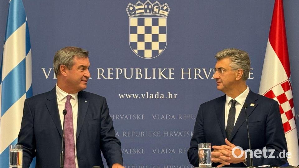 Markus Söder (l) trifft in Zagreb den kroatischen Premierminister Andrej Plenković. Bild: Christoph Trost/dpa