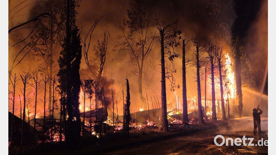 Meterhoch schlugen die Flammen am Campingplatz „Bella Italia“. Bild: Florian Blaes/dpa