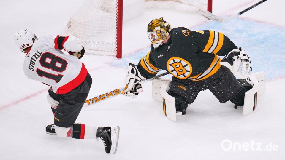 Tim Stützle von den Ottawa Senators erzielt ein Tor. Bild: Charles Krupa/AP/dpa