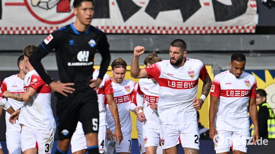 Jubel beim VfB Stuttgart: Jeff Chabot brachte die Schwaben in Paderborn in Führung. Bild: Swen Pförtner/dpa