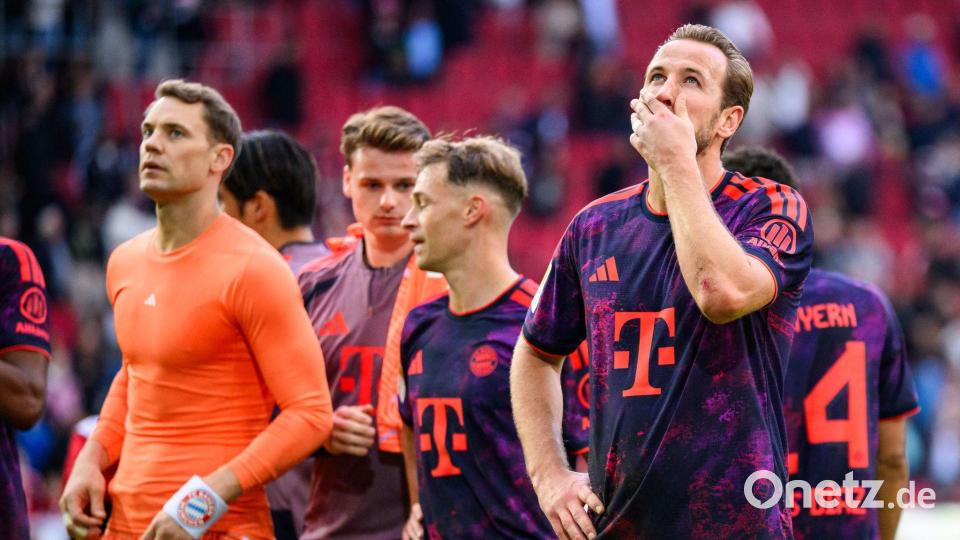 So hatten sich die Bayern um Torhüter Neuer (l) und Stürmerstar Kane (r) die Generalprobe für die Champions-League-Reise nach Stavanger nicht vorgestellt. Bild: Tom Weller/dpa