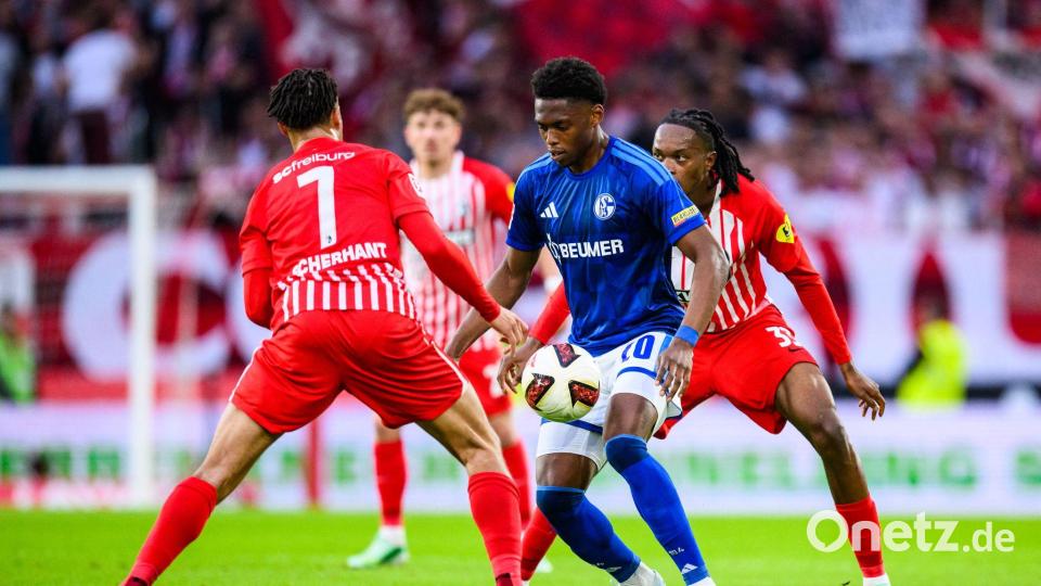 Umzingelt: Schalkes Junior Adamu (M.) gegen Ex-Club Freiburg. Bild: Tom Weller/dpa