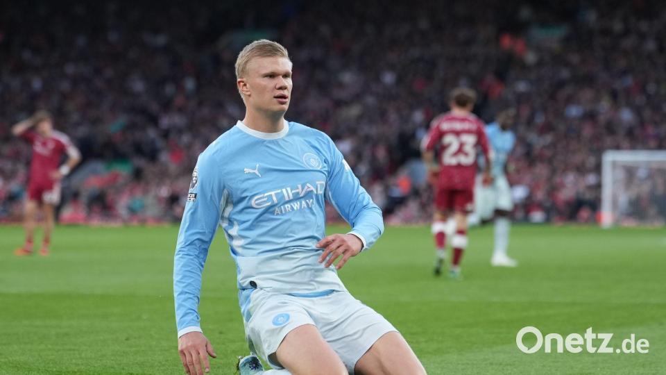 Stürmerstar Erling Haaland von Manchester City nach seinem Tor zum 1:0 in Liverpool. Bild: Jon Super/AP/dpa