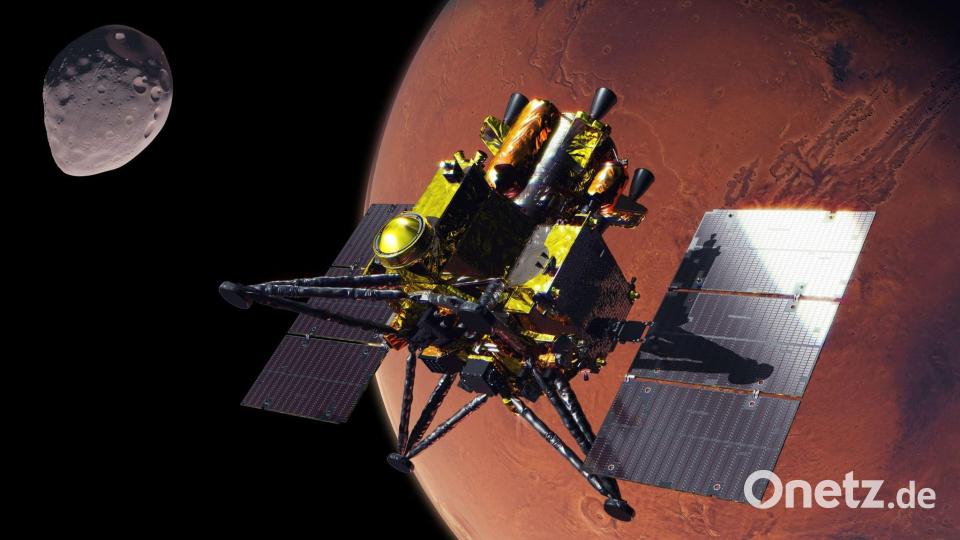 Ziel der japanischen Raumfahrtmission „MMX“ (Martian Moons eXploration) ist der Marsmond Phobos. Hier eine künstlerische Darstellung. (Archivbild) Bild: -/JAXA via DLR/dpa