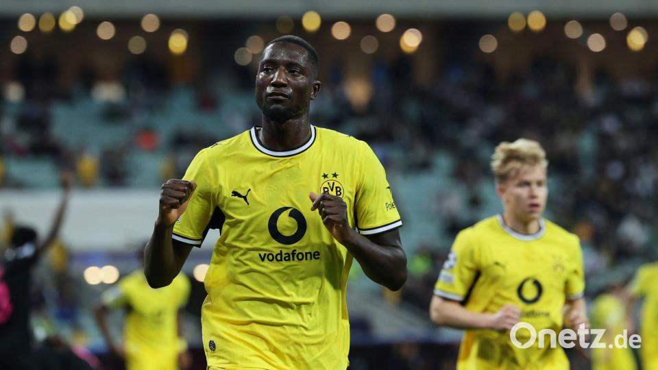 Serhou Guirassy bejubelt das frühe Führungstor des BVB. Bild: Uncredited/AP/dpa