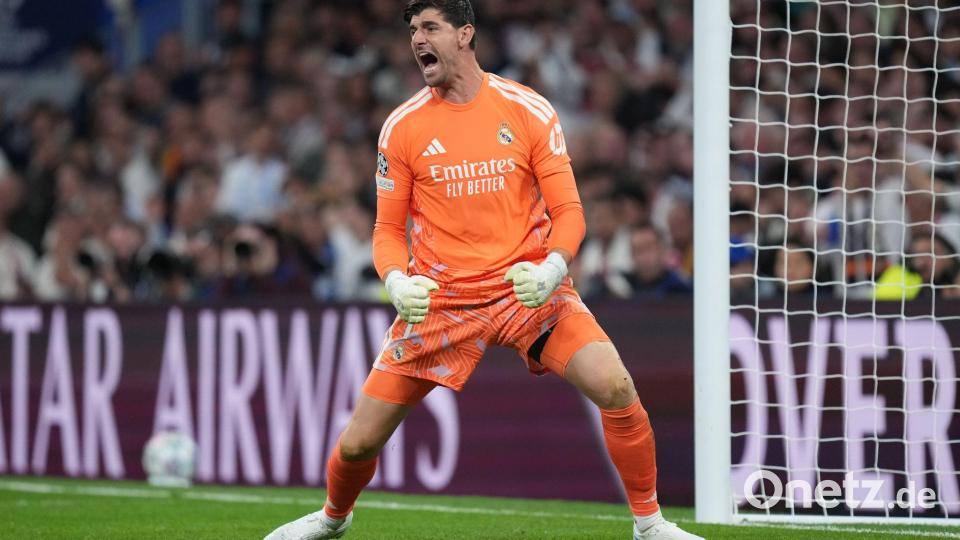 Real Madrids Torhüter Thibaut Courtois verhindert mehrmals die Führung von RB Leipzig. Bild: Bernat Armangue/AP/dpa