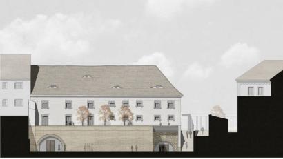 Die Pläne für den Umbau der alten Polizeiinspektion beinhalten einen kleineren "Vorbau". In die Umfassung ist die alte Mauer integriert, auf dem "Dach" findet sich der Hochschulgarten. Komplett frei ist der rechte Kellerzugang. 	Plan: Büro Brückner & Brückner Architekten GmbH