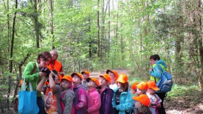 Lauschen, Entdecken und Schauen war angesagt bei der Waldexkursion mit Försterin Renate Feuchtmeyer (l.). Natürlich wollten alle einmal durch das Fernglas schauen und das Vogelnest im Baumwipfel entdecken.
