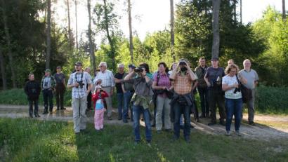 Gut beraten war man, wenn man sein Fernglas mitgenommen hatte. Damit wurde die Wanderung mit Naturschützer Erwin Möhrlein (4. von rechts) zu einem echten Erlebnis für Auge und Ohr. Bild: wro