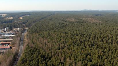 Noch sind die Waldflächen rechts der Bundesstraße B 470 unberührt. Bei der Vorbereitung der geplanten Gewerbegebietes West IV tauchen neue Probleme auf. Wie diese zu lösen sind, wollen Bürgerliste und CSU in einer Sondersitzung des Stadtrats beraten wissen.  	Luftbild: Michael Ascherl