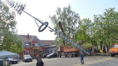 Mit Hilfe eines Kranwagens ist der Zunftbaum schnell aufgestell. Vorsitzender Michl Schwabl (vorne, mit Hut) beoachtet die Arbeiten.  	Bild: sl