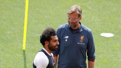 Mohamed Salah, Trainer Jürgen Klopp (von links), dazu Roberto Firmino und Sadio Mané - vor diesem Quartett hat Real Madrid riesigen Respekt.  	Bild: Martin Rickett/dpa