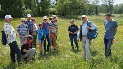 Werner Schuler (Zweiter von rechts) brachte zusammen mit dem Vorsitzenden des LBV, Zeno Bäumler (rechts), den interessierten Gästen bei der Exkursion "Blumenwiese" die großartige Blumen- und Pflanzenwelt der Wiese näher. Kräuterfachfrau Regina Baumann (Dritte von rechts) gab wertvolle Tipps für die Kräuterküche.  	Bild: weu