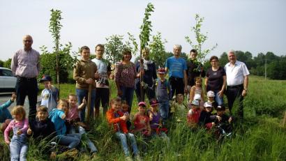 Die "Flosser Gartenkrähen" und ihre Helfer pflanzen Bäume für eine Streuobstallee am Bocklweg.  	Bild: exb