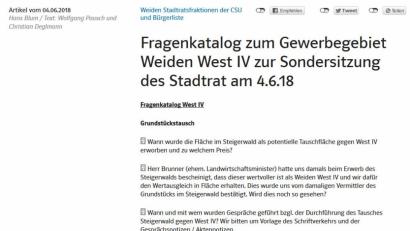 Screenshot: www.csu.de/verbaende/kv/weiden
Überraschend stehen die Fragen an die Stadtverwaltung bereits auf der Internetseite der CSU.