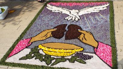 Bild: e
In Kümmersbruck steht die Kolpingsfamilie besonders früh auf, um den prächtigen Blumenteppich zu gestalten.