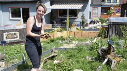 Bild: Tobias Gräf
Züchterin Jennifer Kopp zeigt stolz ein rund 700 Gram schweres, zehnjähriges Männchen (griechische Landschildkröte). Die Farm erstreckt sich über den kompletten Garten der Familie Kopp. Auch der Anbau im Hintergrund (links) und das Nebengebäude (Tropenhaus, rechts) dienen als Terrain für die 12 Schildkrötenarten, die hier ihr Zuhause haben.