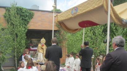 Bild: Andreas Schwohnke
Pfarrer Dr. James spendet den Teilnehmern der Fronleichnamsprozession den eucharistischen Segen mit dem Allerheiligsten am Altar und Blumenteppich der Familie Hösl/Höfer.