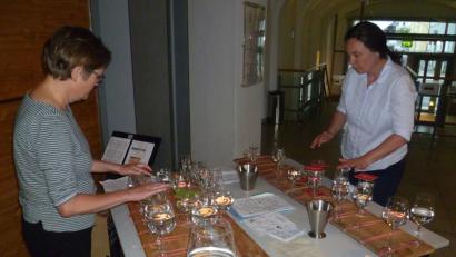 Bild: (usc)
Beim „Campus-Konzert“ im Foyer des Siemens-Innovatoriums der OTH Amberg-Weiden boten Heike Lepke (rechts) und Heike Herzog (links) Außergewöhnliches mit Musik aus Glasharfen, wie sich die mit Wasser gestimmten Gläser nennen.