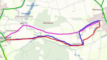 Bild: exb
Dringend nötig sei ein Radweg zwischen Oberbibrach und Schlammersdorf - so die Meinung der Teilnehmer des interkommunalen Workshops. Die rote Variante durch Unterbibrach und die Creußen- Aue erhielt dabei die größte Zustimmung. Doch auch eine Variante entlang der Kreisstraße NEW 14 (pink) wird geprüft. Grün eingezeichnet sind die aktuell klassifizierten Radwege.