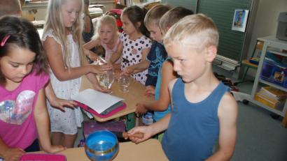 Bild: weu
Gläser zum Klingen bringen oder beobachten, wie sich die Klangwellen in der mit Wasser gefüllten Schale bewegen: Alles probierten die Schüler der Grundschule begeistert aus.