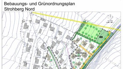 Bild: sön
Der Bebauungs- und Grünordnungsplan für das Baugebiet „Strohberg-Nord“ in Wolfsbach. Hellgrün oben die Ausgleichsfläche, rechts daneben das neue Spielplatzgelände, links neben dem Rad und Wanderweg (blau) der Wassergraben.