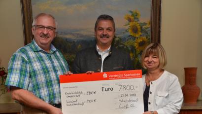 Bild: dob
Herbert Putzer (links) und Ingrid Scheinkönig (rechts) haben als Vertreter der Kinderkrebshilfe und des Sozialamts gut lachen. Sie sind die Nutznießer der runden Geburtstagsfeier von Bürgermeister Andreas Wutzlhofer und teilen sich die Spendensumme von 7800 Euro.