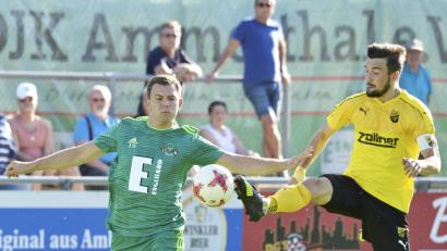 Bild: ZG
Der Ammerthaler Stürmer Ralf Egeter (links) wirkt in dieser Szene schon etwas erschrocken, als der Vilzinger Kapitän und Linksverteidiger Christoph Schwander wie ein Kickboxer auf ihn zugeflogen kam.