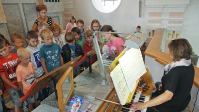Bild: nm
Wo kommen hoch oben auf der Empore die Töne her? Die Schüler wollen es genau wissen und lassen sich die Orgel in der katholischen Pankratiuskirche erklären.