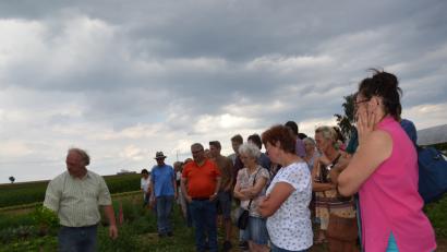 Bild: gi
Fritz Steinhilber erklärte beim Tag der offenen Tür in seiner Bioland-Gemüsegärtnerei den biologischen Anbau und die Fruchtfolge und führte die Besucher durch Felder und Gewächshaus.