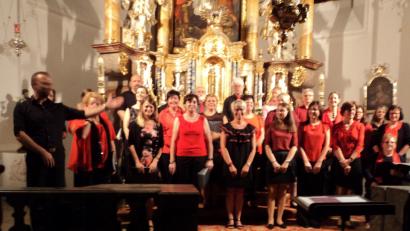 Bild: ksi
Der Kirchenchor aus Fronberg unter seinem Leiter Christian Lehnerer (links) verbreitete mit seinen religiösen Liedern eine Atmosphäre des Innehaltens.