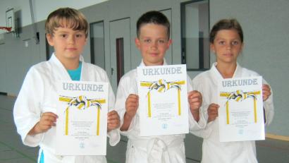 Bild: fpoz
Noah Schultes, Artiom Skardorva und Magdalena Täubert dürfen nun den weiß-gelben Gürtel tragen.