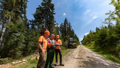 Bild: Martin Hertel
Peter Schöffel, Leiter des Forstreviers Weidenberg, bespricht mit Harvesterfahrer Anton Pscherer und Forstwirtschaftsmeister Josef Scherm vom Forstbetrieb Fichtelberg die Holzernte entlang der Loipe an der Sprungschanze Warmensteinach.