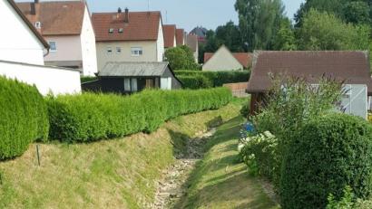 Bild: exb
Der Grubbach in Kirchenthumbach, der in den Thumbach mündet, ist auf weiten Teilen komplett ausgetrocknet. Die Hitze macht ihm sehr zu schaffen.